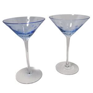 Set Of 2 Martini Glasses Blue Hand Blown 4 Ounces Each.